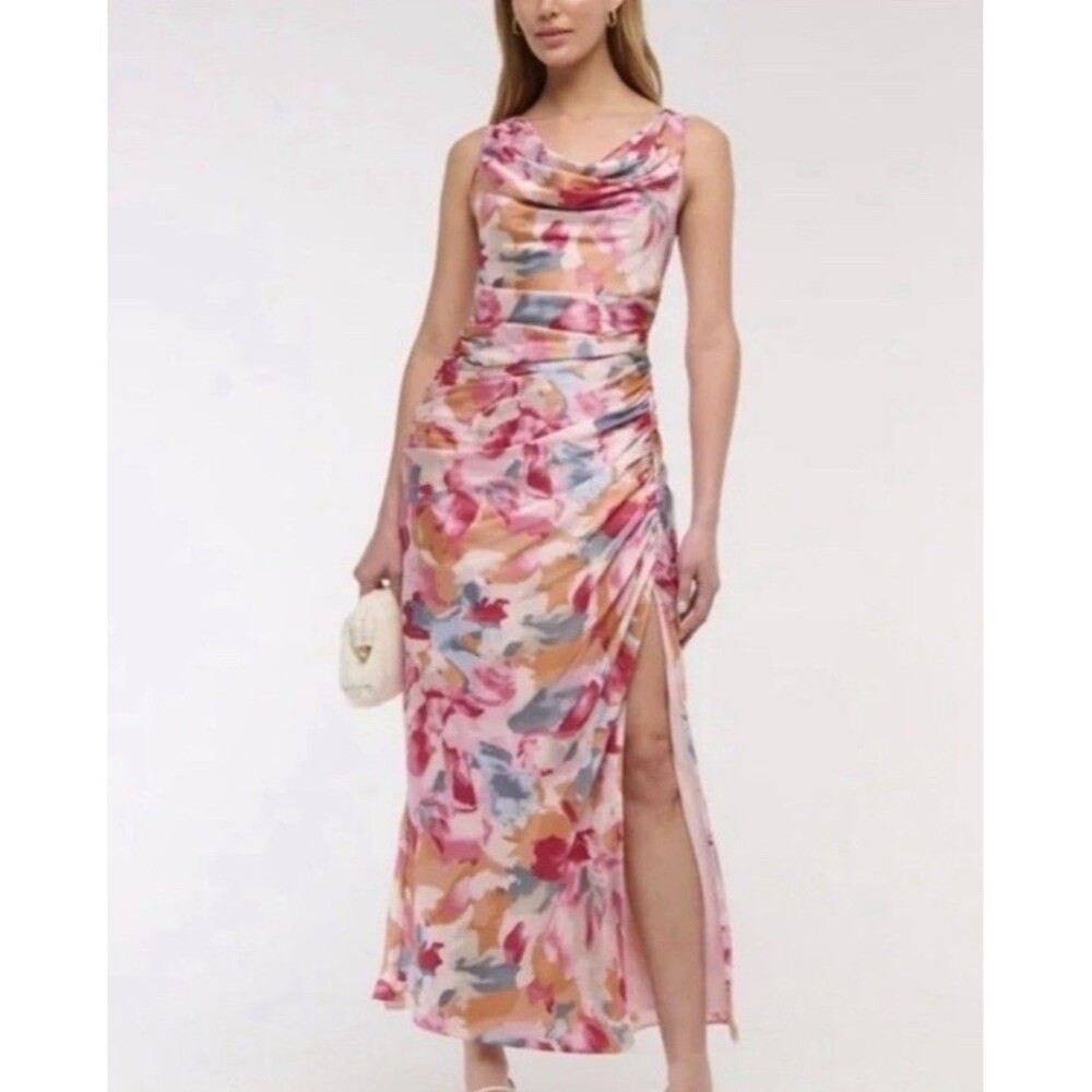 Abercrombie Pink Satin Floral Cowl Neck Draped Maxi Dress Small